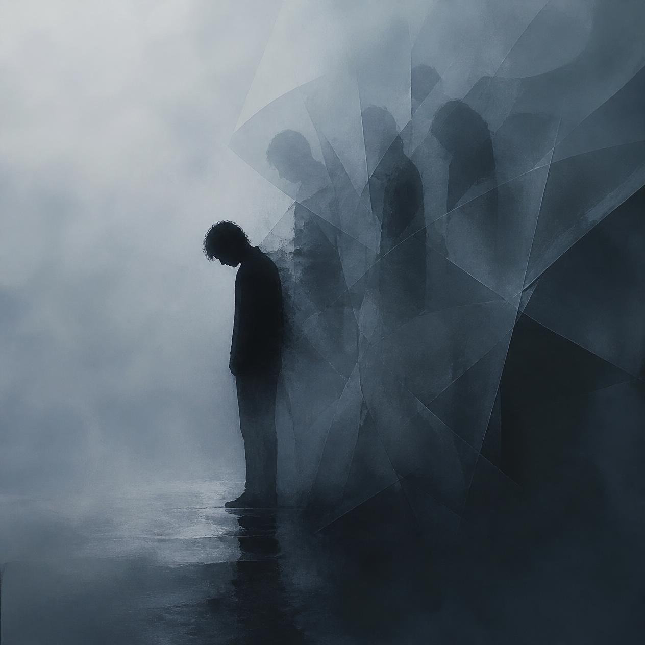 A symbolic, artistic representation of a solitary figure in a misty, fragmented space representing the emotional experience of depression