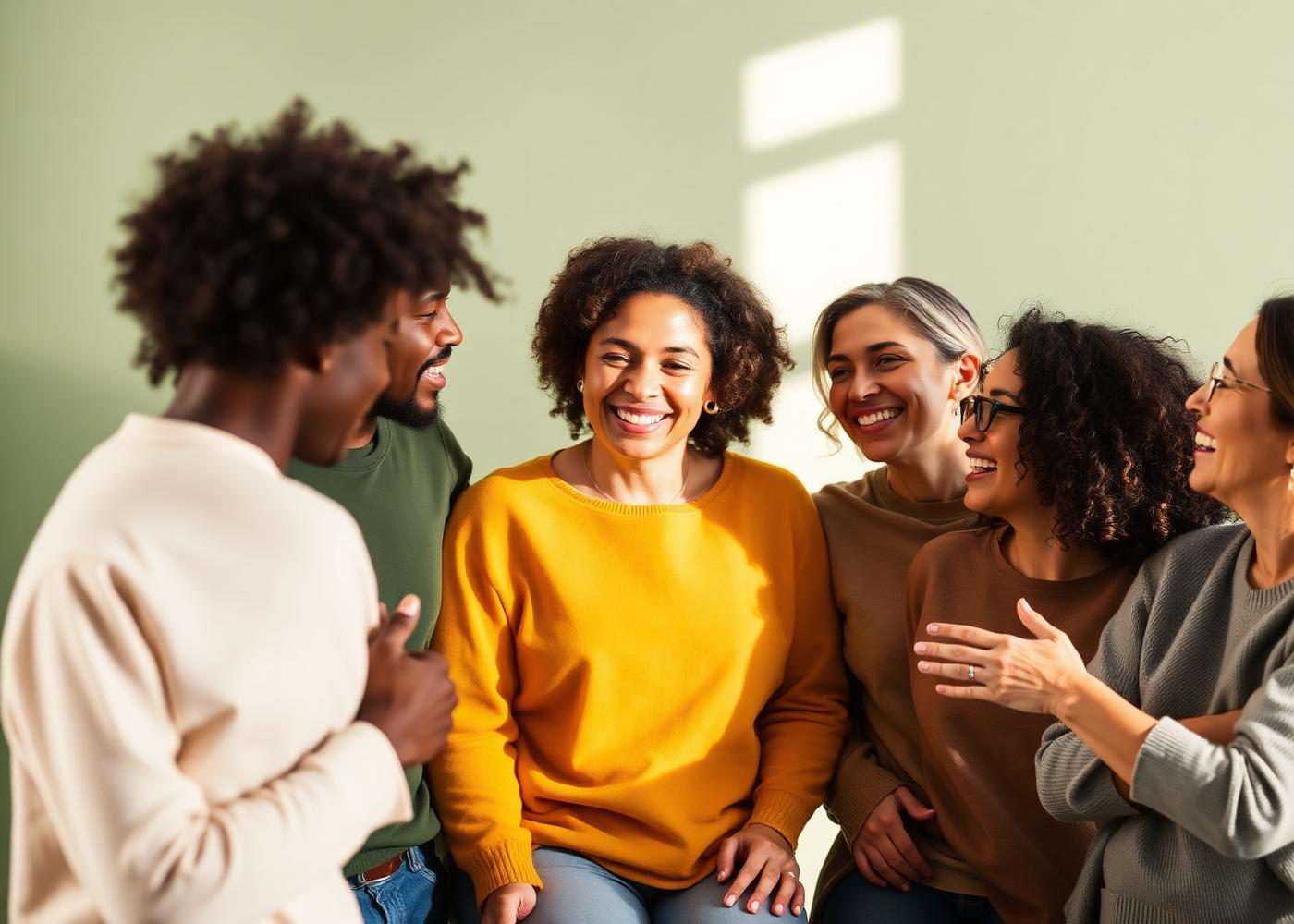 Diverse community in a warm, supportive conversation